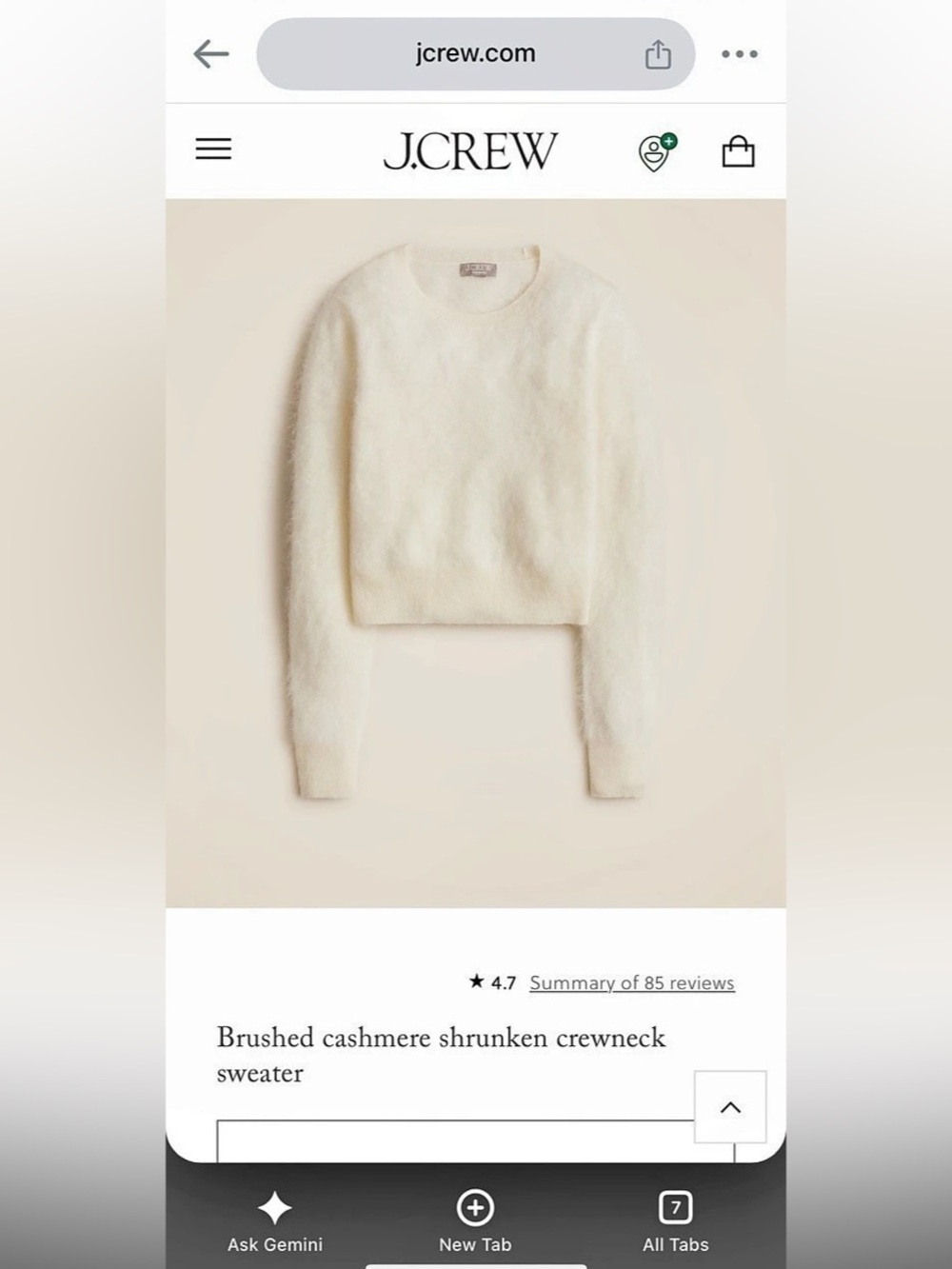 J.Crew Brushed 100% Cashmere Cropped Crewneck Sweater Ivory Large